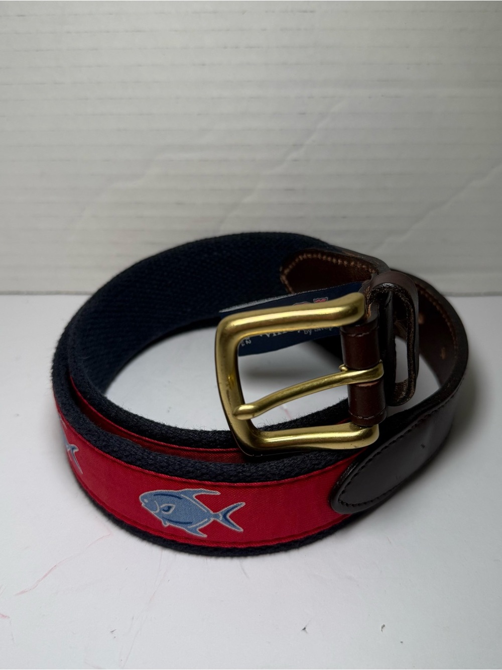 Vineyard Vines Belt Mens 32 Navy Red Fishing Tuna Brass Canvas Leather
